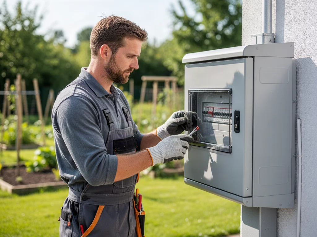Elektryk w rękawicach roboczych dokonuje przeglądu nowoczesnej skrzynki elektrycznej na terenie ogrodu.
