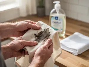 Kobieta z łopatką ogrodniczą nabiera ziemię z otwartego worka w słonecznej szklarni.