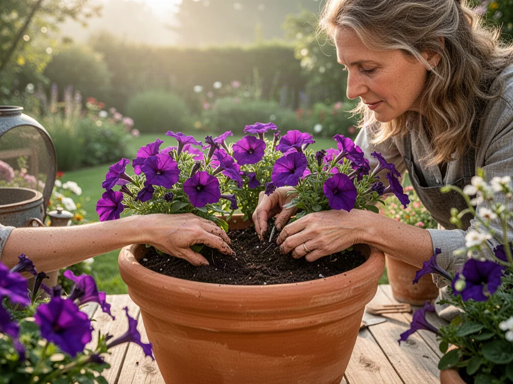 Kobieta sadzi fioletowe kwiaty Supertunia Vista do dużej donicy na słonecznym tarasie.