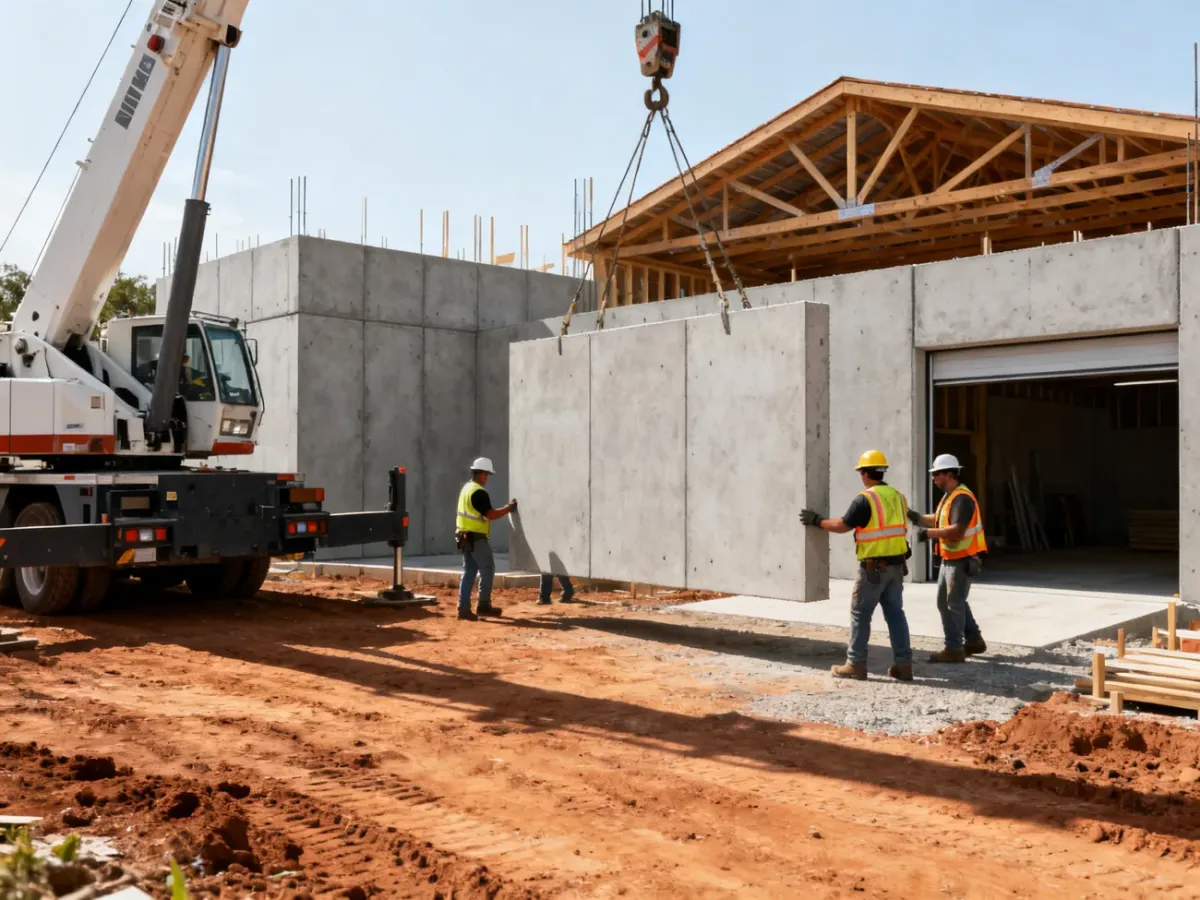 Montaż betonowych płyt garażowych przy użyciu dźwigu