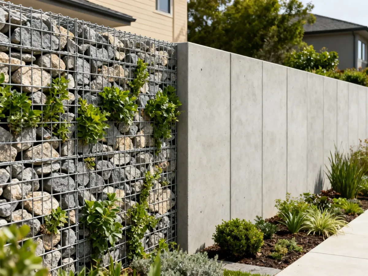 Comparison of gabion and concrete fences in landscaped residential settings