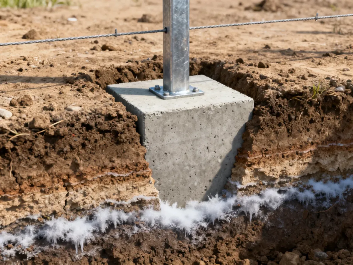 Głęboko osadzony słupek ogrodzeniowy w betonowym fundamencie