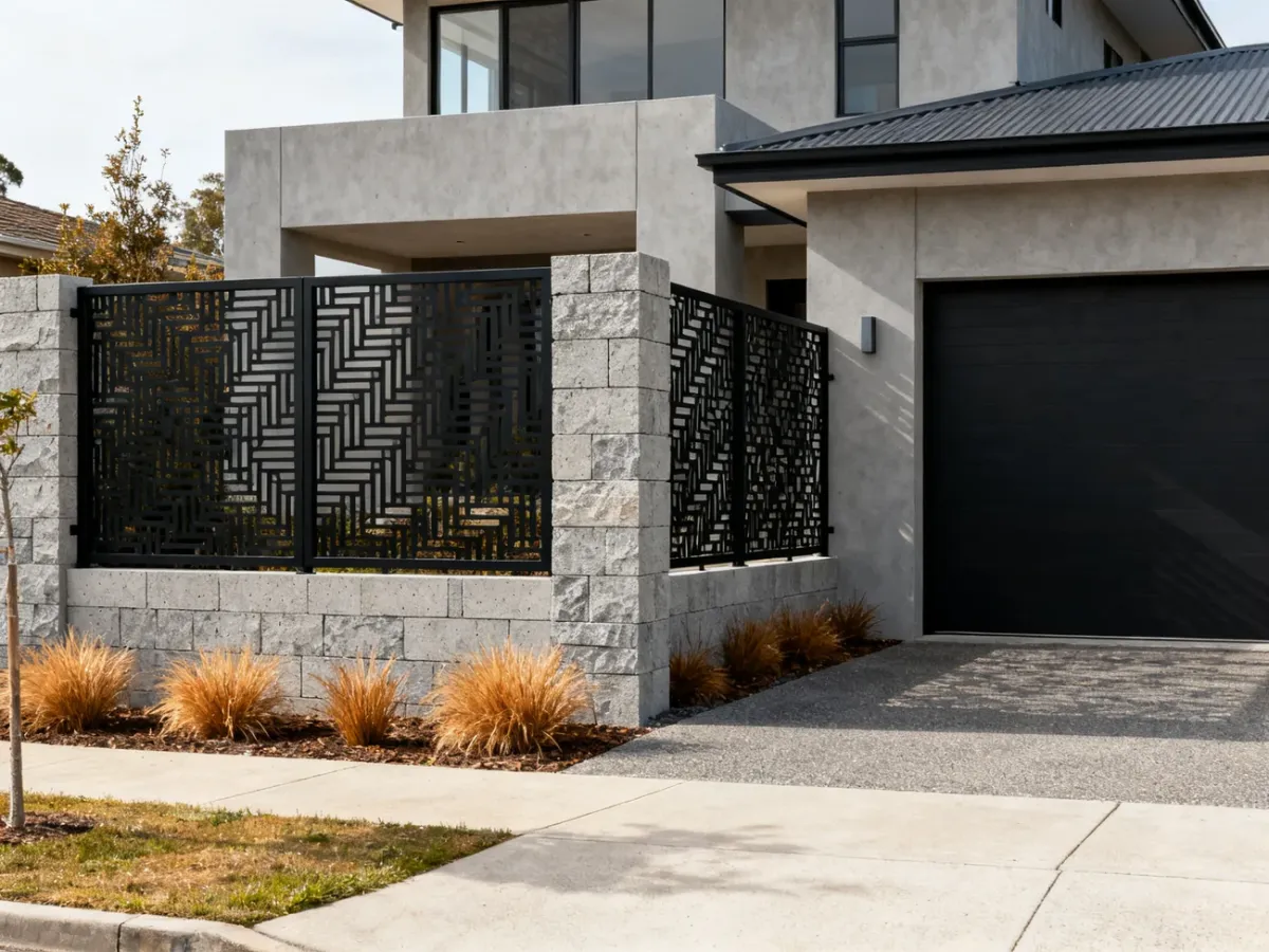 Split-face concrete fence combined with dark metal panels beside a modern house