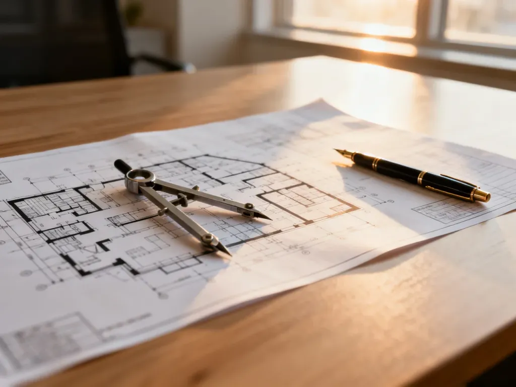 Profesjonalny plan architektoniczny z przyborami kreślarskimi na biurku, symbolizujący przygotowania do wniosku o warunki zabudowy.