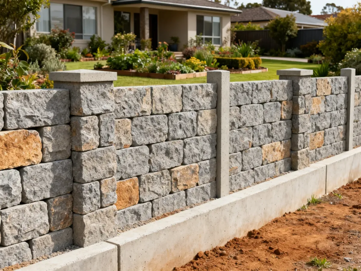 Solid split-face concrete fence with a rough stone-like texture around a residential property
