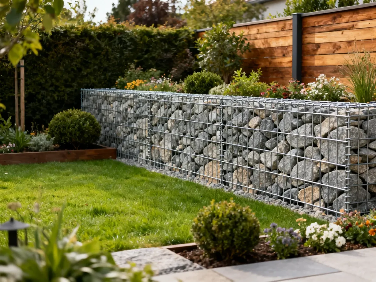 Gabion fence integrated with greenery, flower beds, and wooden garden elements