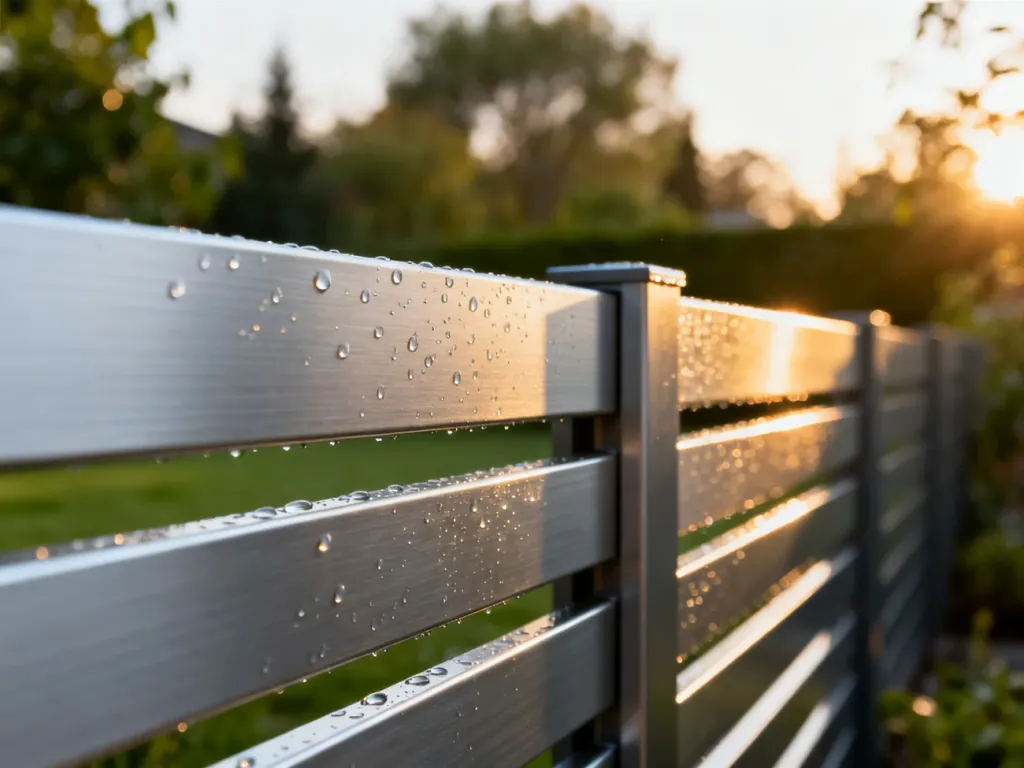 Lśniący panel ogrodzenia aluminiowego z kroplami wody w promieniach porannego słońca na tle zielonego ogrodu.