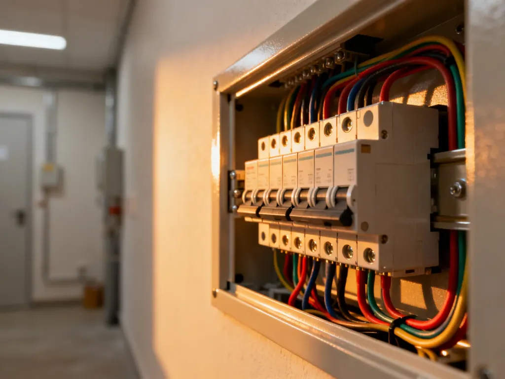 Nowoczesna rozdzielnica elektryczna z uporządkowanymi wyłącznikami nadmiarowoprądowymi w domowej instalacji.