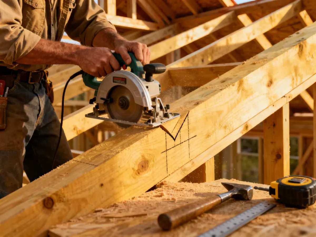 Wycinanie zaciosu w krokwi pilarką i dłutem
