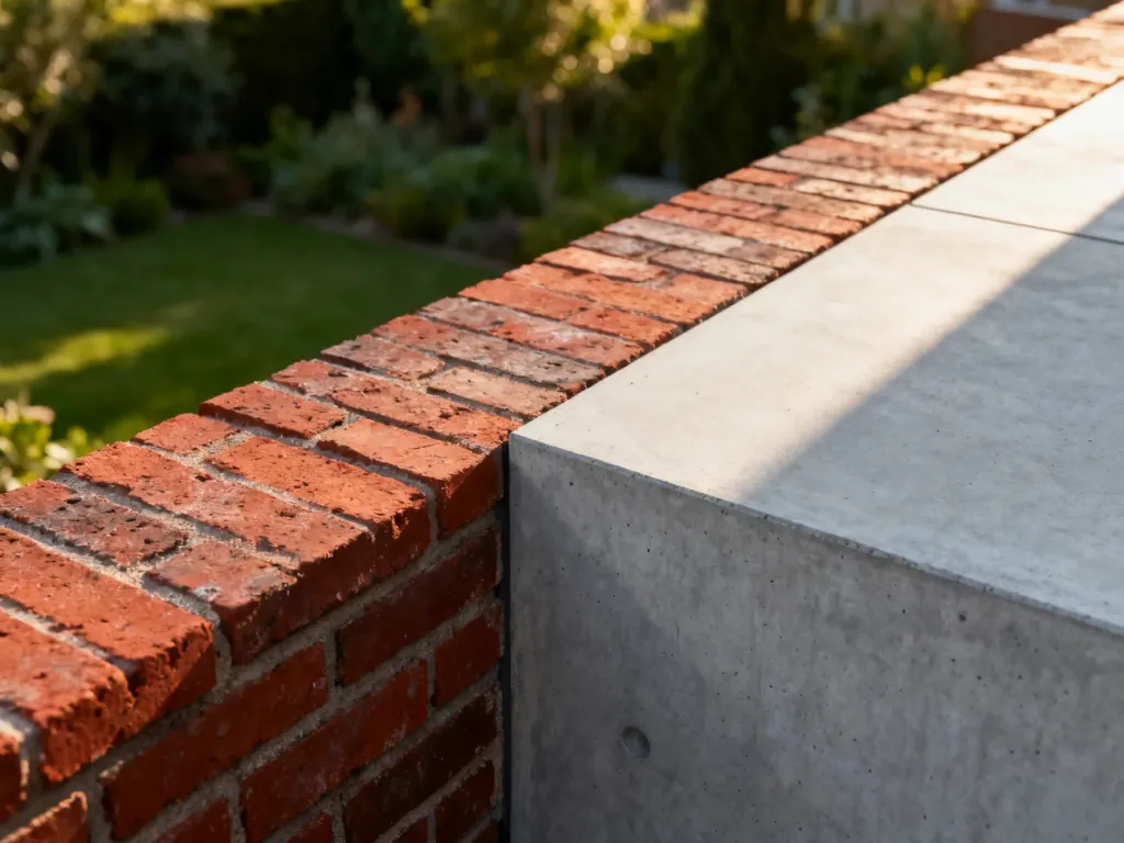 Porównanie faktur ogrodzenia: rustykalna cegła klinkierowa obok nowoczesnego betonu architektonicznego.