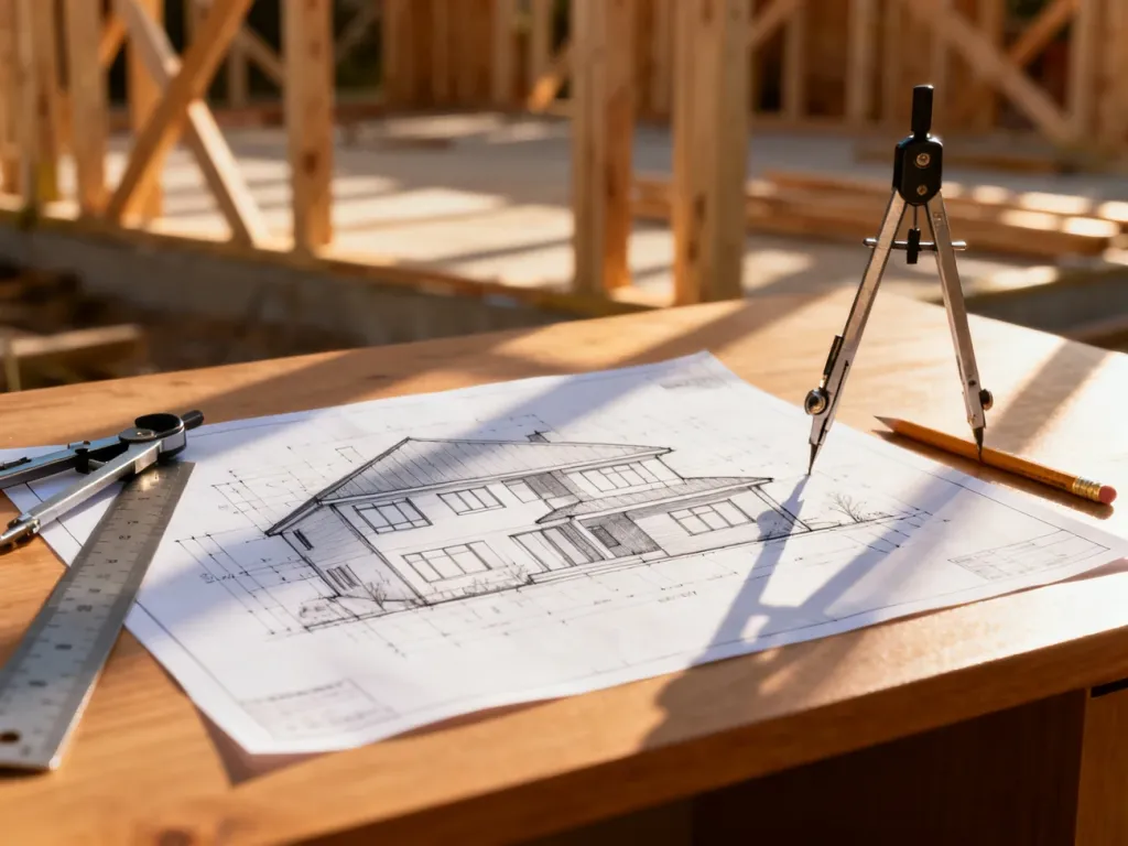 Projekt nowoczesnego domu na biurku architekta z przyborami kreślarskimi, symbolizujący proces planowania inwestycji.
