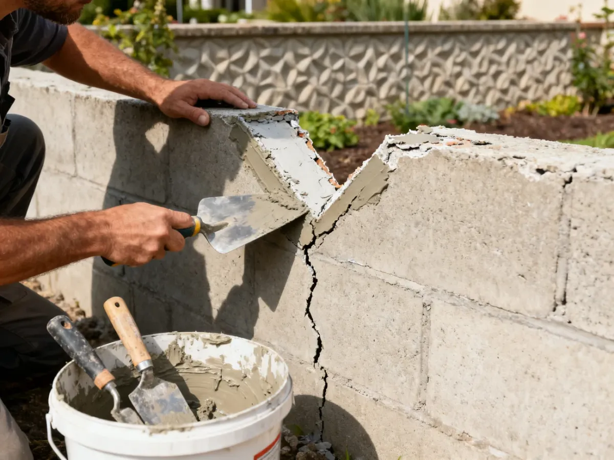 Naprawa pęknięcia i ubytku w murku betonowym zaprawą naprawczą