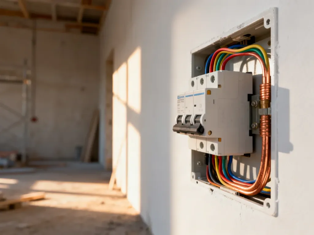 Nowoczesna rozdzielnica elektryczna z widocznymi przewodami i wyłącznikami na tle ściany, ilustrująca prace instalacyjne.