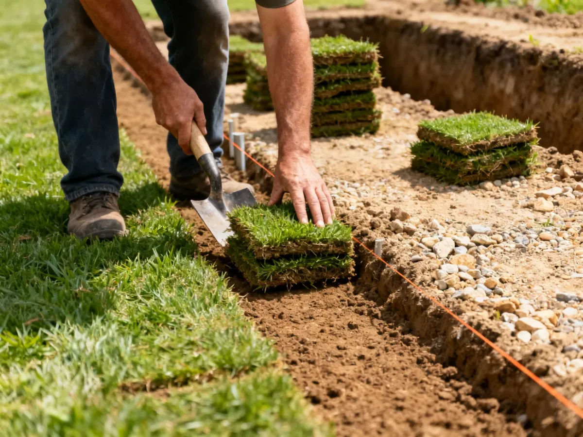 Ręczne zdejmowanie płatów darni wzdłuż linii ogrodzenia