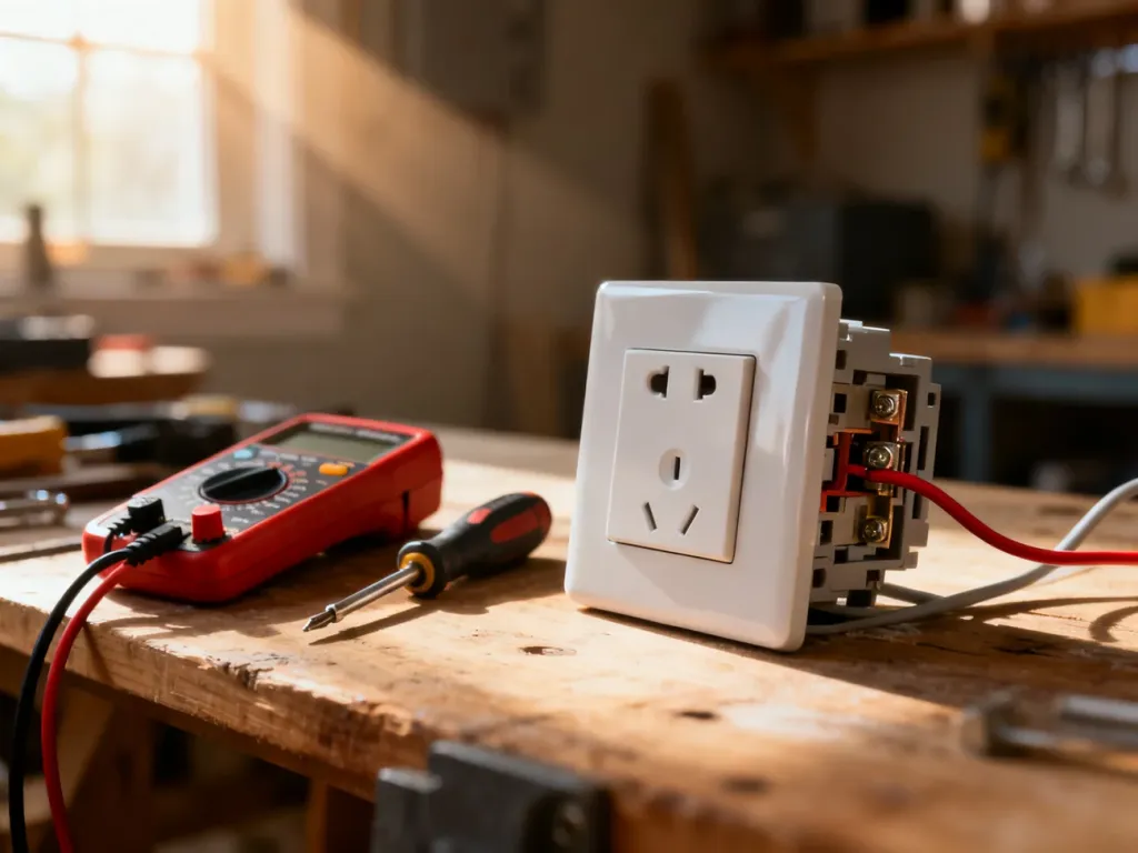 Nowoczesne gniazdko elektryczne z widocznym uziemieniem oraz narzędzia elektryka na drewnianym stole warsztatowym.