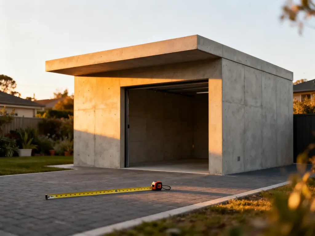 Nowoczesny garaż z płyt betonowych o wymiarach 6x6 m na podjeździe, z miarką budowlaną na pierwszym planie.