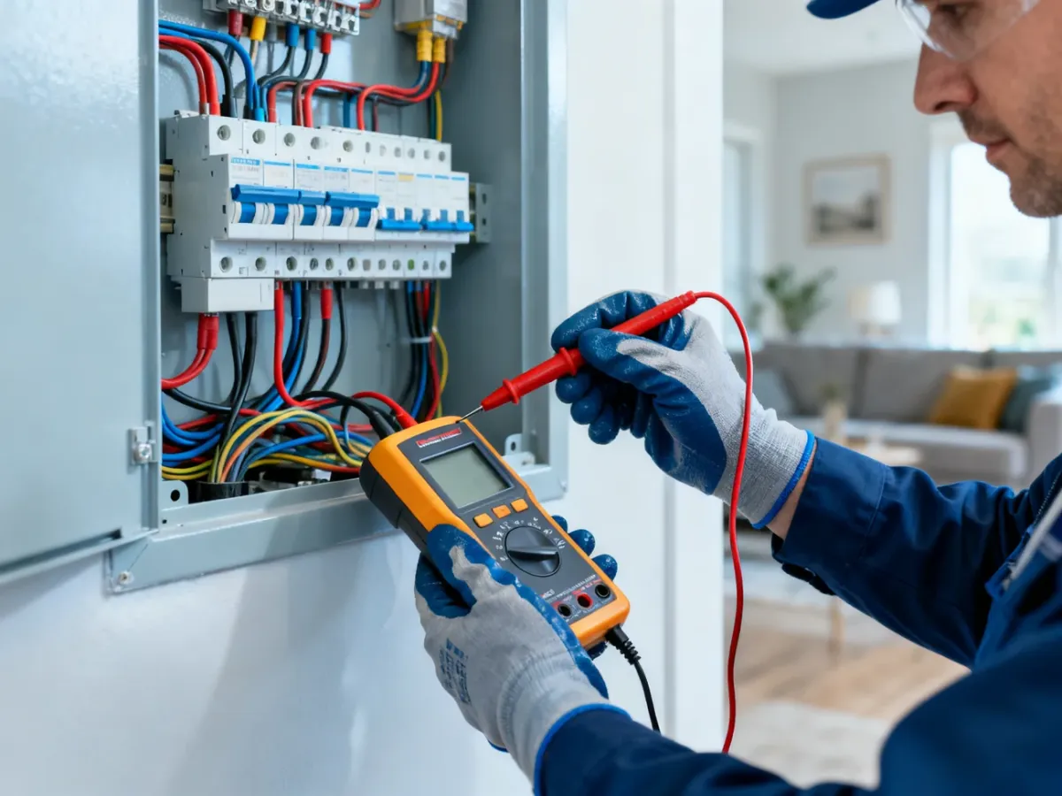 Elektryk wykonujący pomiary instalacji elektrycznej przy rozdzielnicy