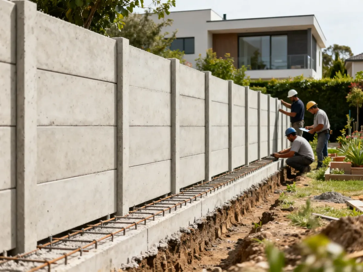 Concrete fence panels being precisely installed on a continuous foundation