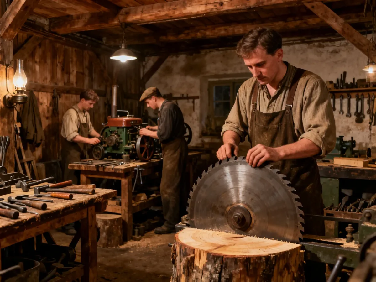 Historyczna bawarska pracownia z maszynami do obróbki drewna i naprawy sprzętu rolniczego