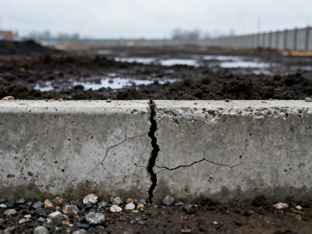 Zbliżenie na pionowe pęknięcie w betonowym fundamencie ogrodzenia, obrazujące problem uszkodzeń konstrukcyjnych.