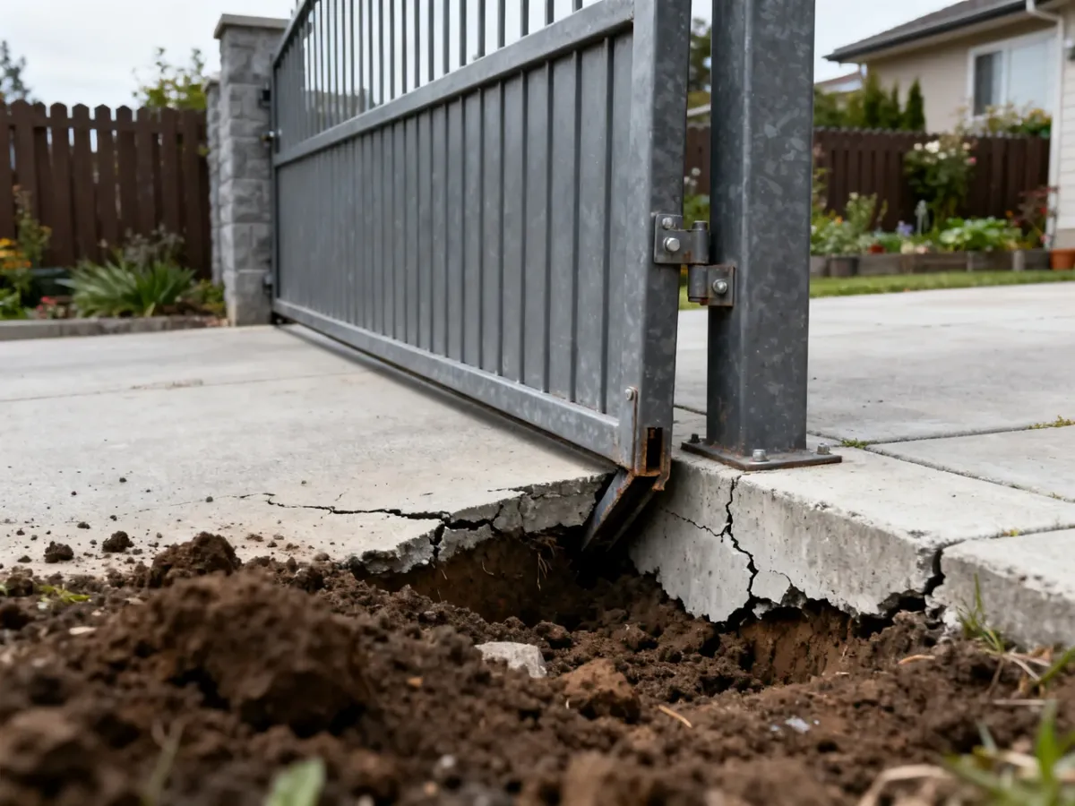 Opadająca ciężka brama przy pękniętym fundamencie