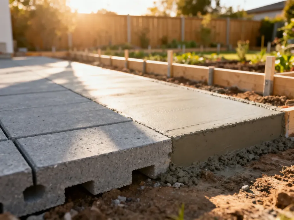 Porównanie prefabrykowanej płyty betonowej oraz wylewanej podmurówki na placu budowy ogrodzenia.
