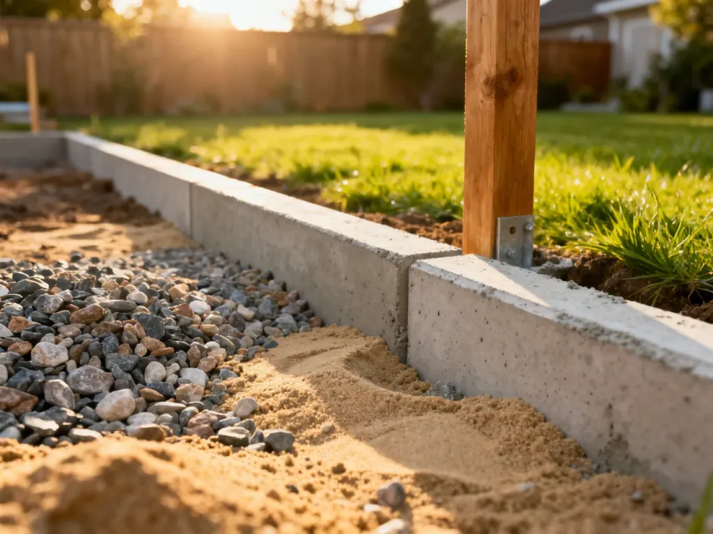 Solidny betonowy fundament pod ogrodzenie z widocznymi warstwami żwiru i piasku w słonecznym ogrodzie.