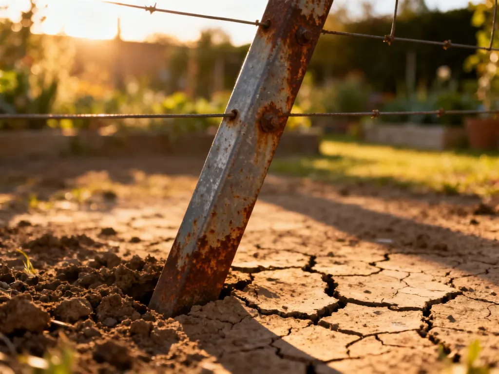 Przechylony, zardzewiały słupek ogrodzeniowy osadzony w popękanej, wyschniętej ziemi, obrazujący problem niestabilnego podłoża.