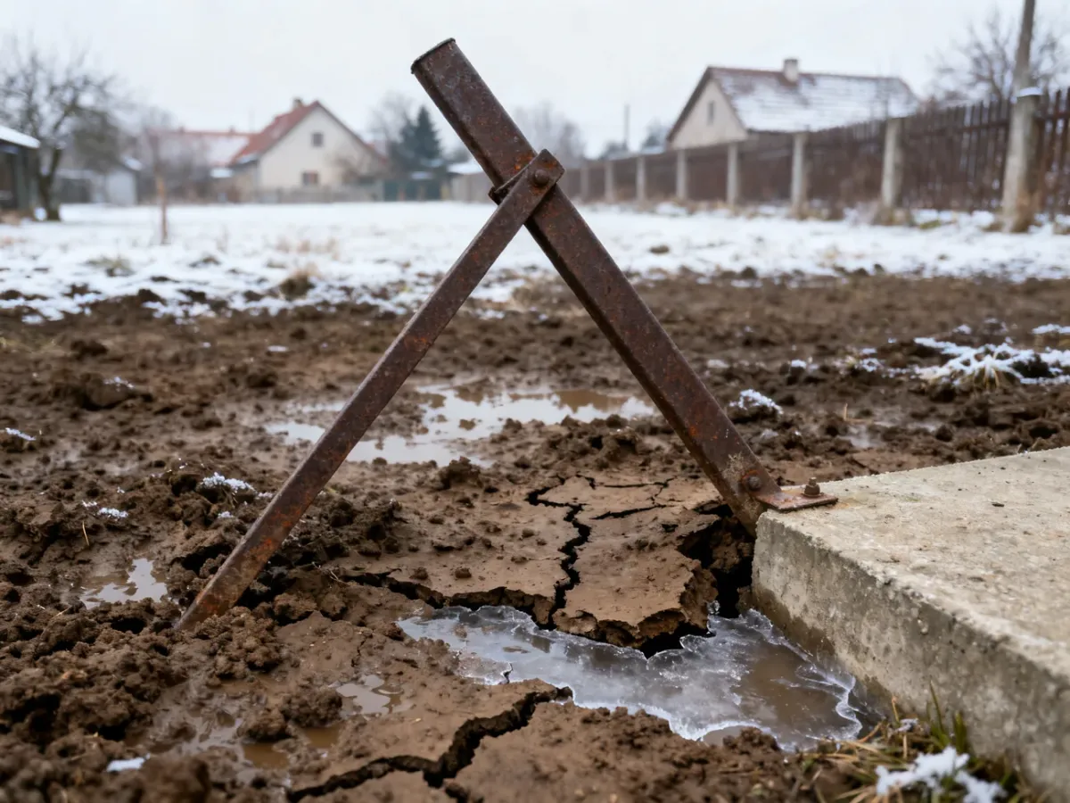 Słupek ogrodzeniowy wypchnięty przez zamarzający, gliniasty grunt