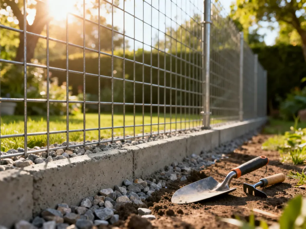 Betonowanie i wzmacnianie podstawy ogrodzenia z siatki przy użyciu narzędzi ogrodniczych.