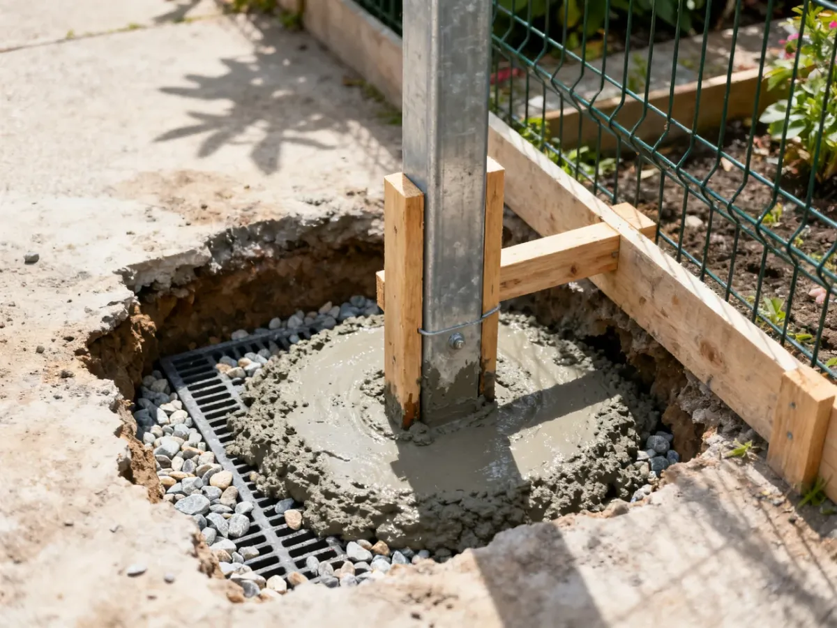 Słupek ogrodzenia ustabilizowany rozpórkami podczas betonowania fundamentu