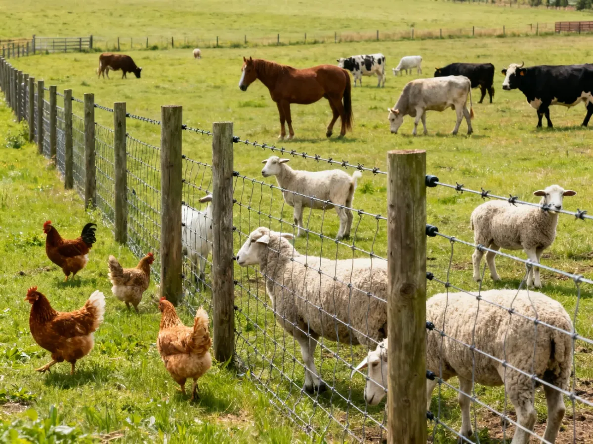Elektryczna siatka i tradycyjny pastuch na wiejskim gospodarstwie