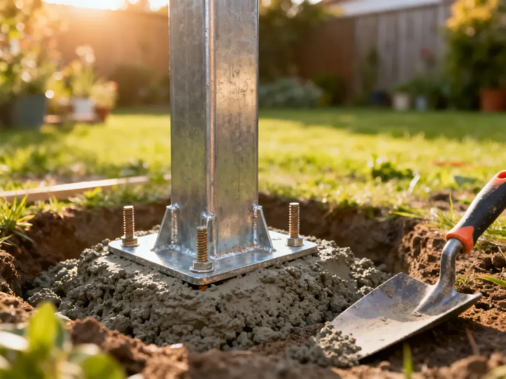 Betonowanie podstawy metalowego słupka ogrodzenia panelowego w ogrodzie. Profesjonalne wzmocnienie konstrukcji ogrodzenia.