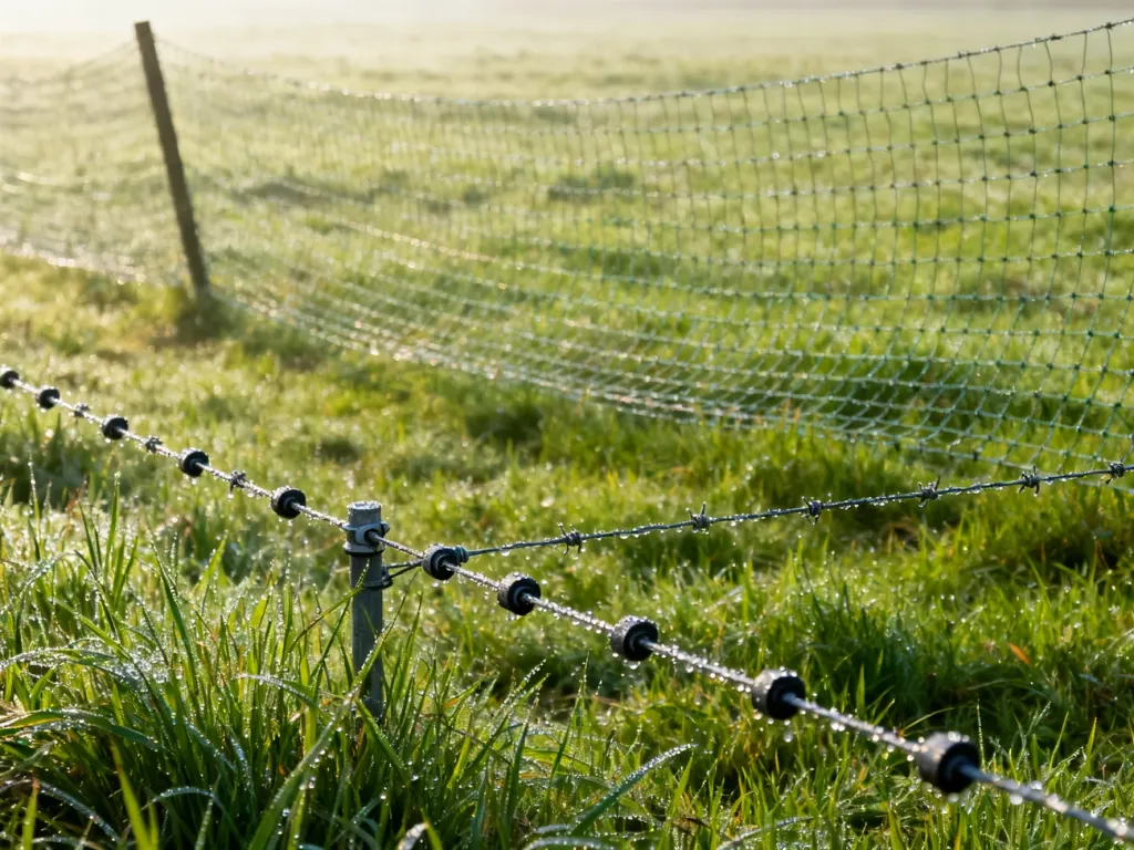 Porównanie nowoczesnego pastucha elektrycznego i tradycyjnej siatki ogrodzeniowej na zielonej łące.