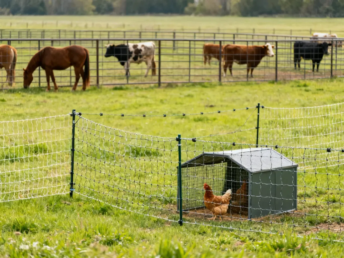 Tradycyjny pastuch dla dużych zwierząt i mobilna siatka dla drobiu